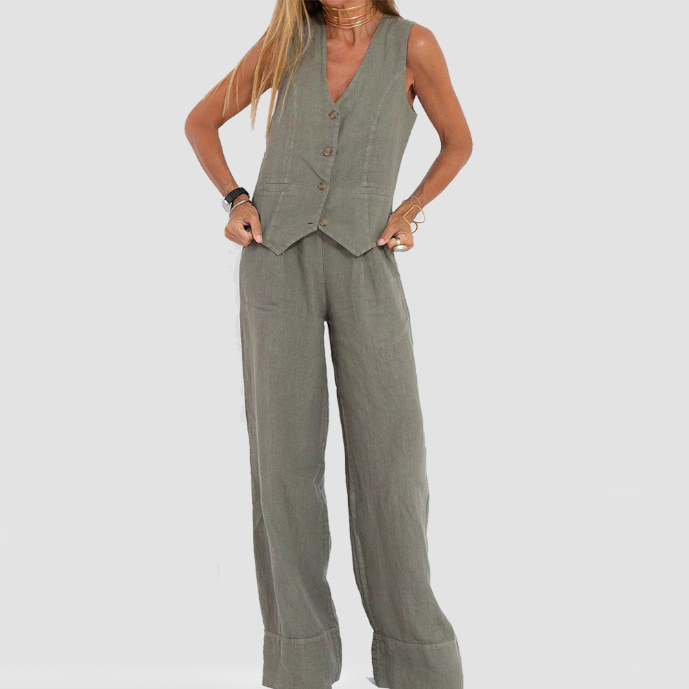 Losse wijde broek van ademend katoen linnen voor dames, gecombineerd met stijlvol mouwloos vest in zomer set.