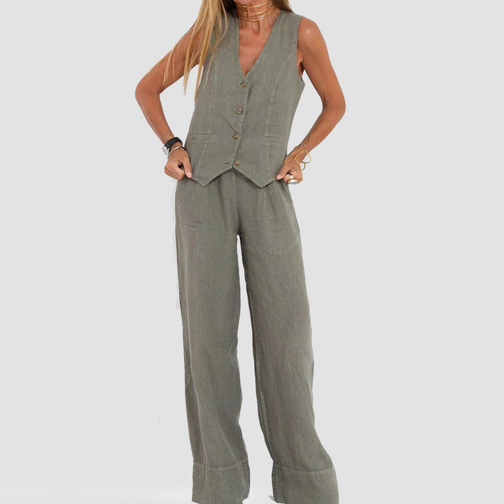Losse wijde broek van ademend katoen linnen voor dames, gecombineerd met stijlvol mouwloos vest in zomer set.
