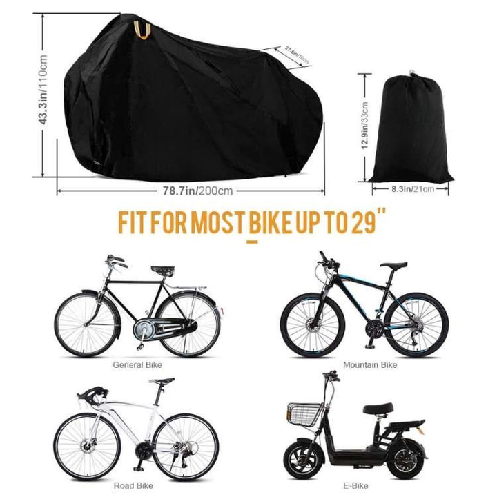Een set van universele fietshoezen, verpakt en klaar om fietsen te beschermen tegen weer en wind.