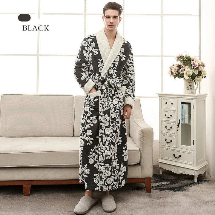 Luxe heren jacquard fleece badjas, warm en comfortabel, geschikt als huispak of nachtkleding.