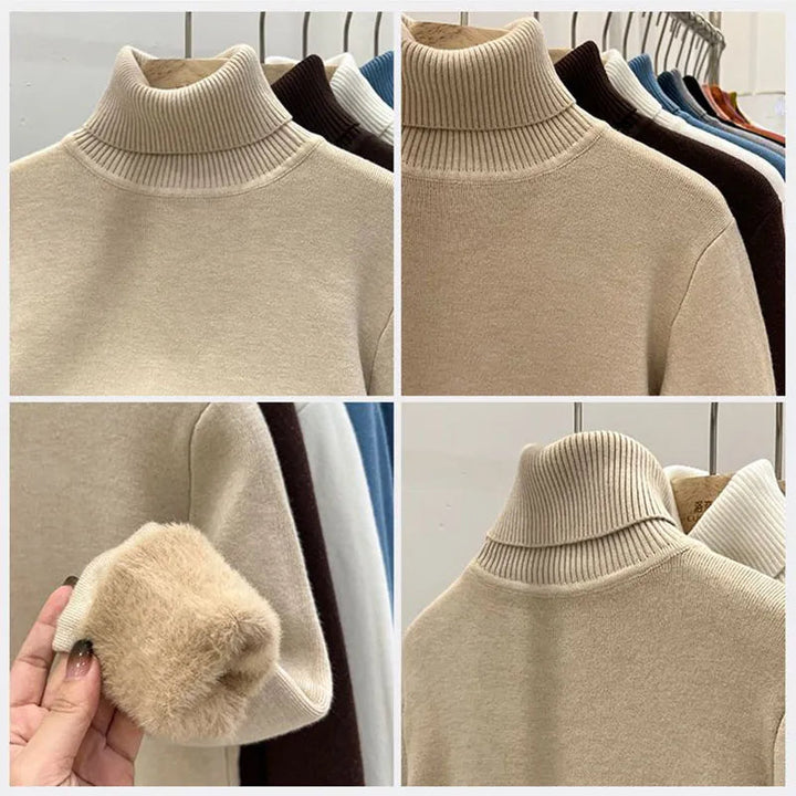 Knusse dames coltrui met hoge kraag, ideaal tegen de kou. Stijlvolle en warme wintertrui.