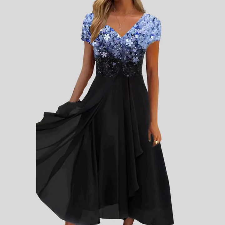 Chique damesjurk voor avond of feest. Elegante midi-skaterjurk, veelzijdig voor elke formele gelegenheid.