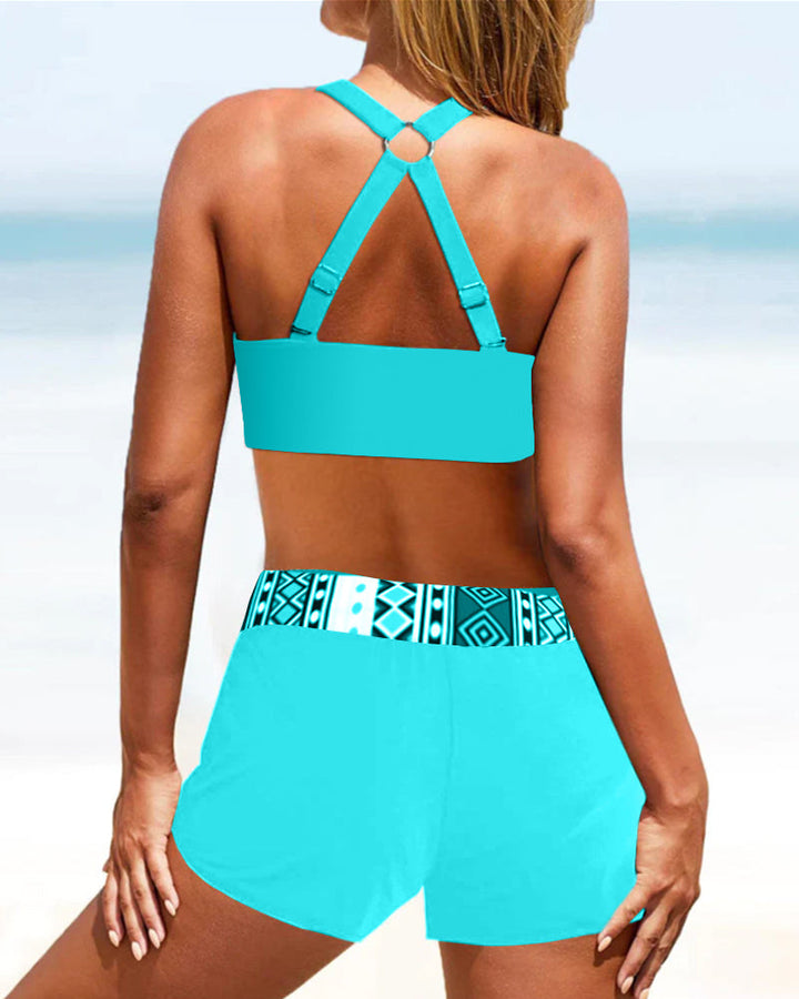 Zomerse dames bikini met hoge taille en uniek geometrisch patroon. Comfortabel en stijlvol voor strand & zwembad.