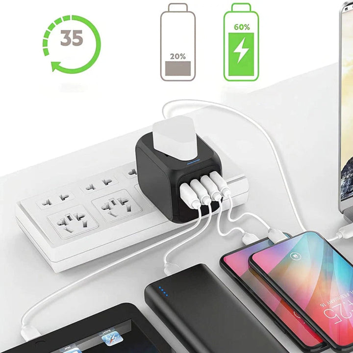 Reisstekker USB-C op wereldkaart, klaar voor avontuur; opladen van elektronica waar je ook bent op reis.