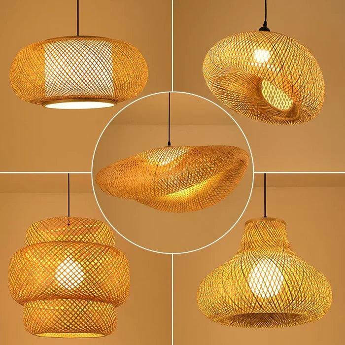 Close-up van de textuur van een handgemaakte rotan hanglamp RayaLicht. Natuurlijk woondecor.