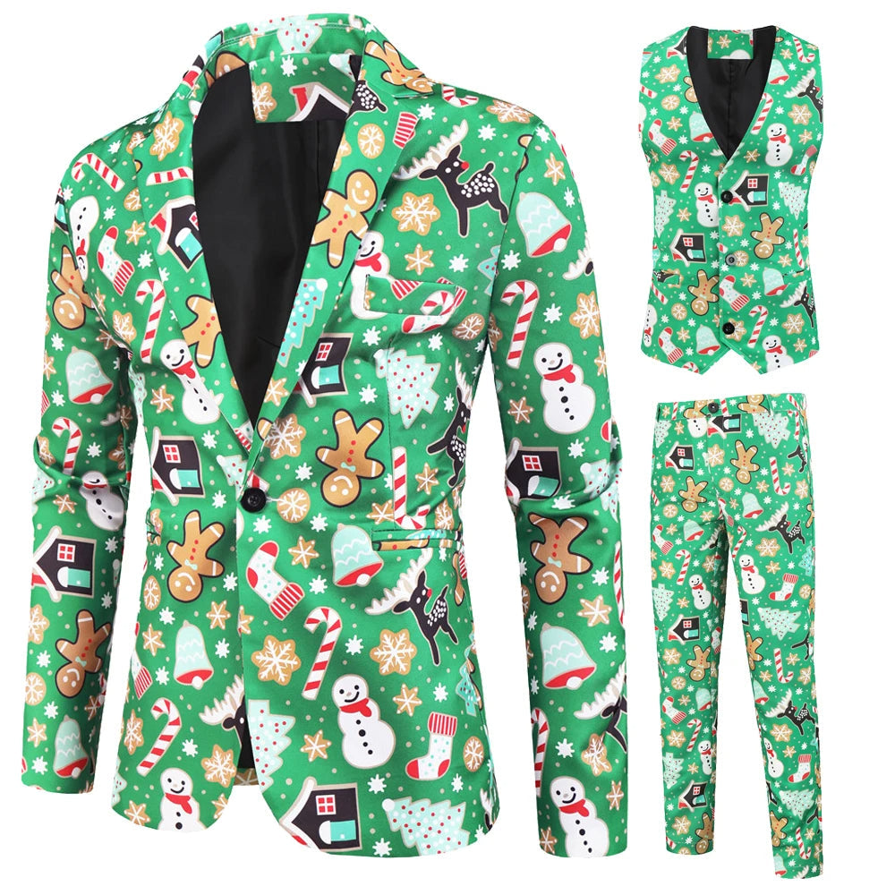 Heren kerstkleding: 3-delig feestpak met gedetailleerde blazer, gilet en broek uit de wintercollectie.