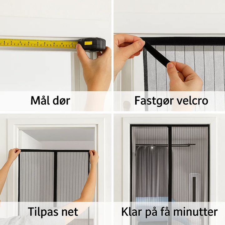 Eenvoudige installatie van het magnetische vliegenraam aan de deur, zonder boren, voor directe insectenwering.