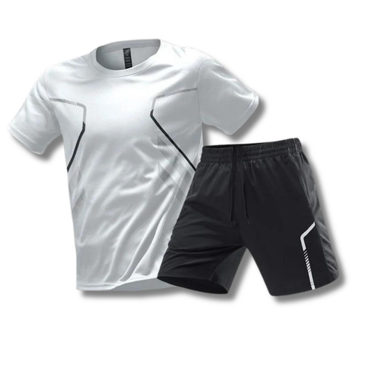 Detail van de ademende stof van deze heren sportset. Perfect voor zomerse tennis, padel & hardloop workouts.