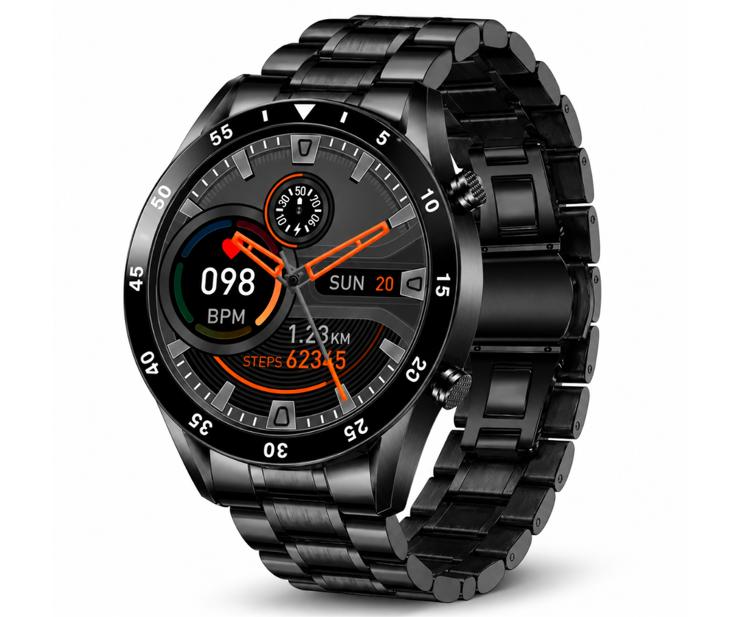 Heren Smartwatch Deluxe met elegant zilveren design en helder touchscreen; ideaal herenhorloge voor dagelijks gebruik.