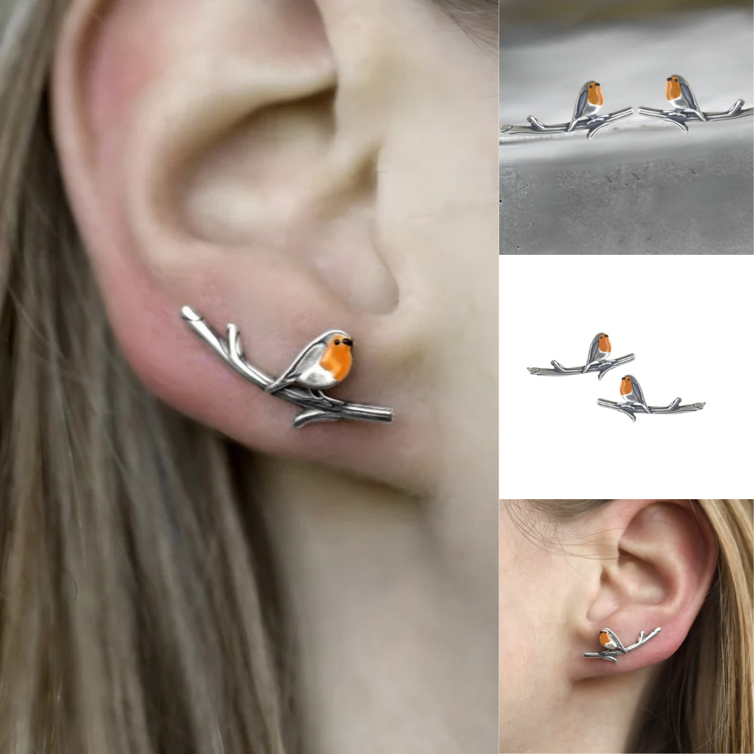 Geluksvogel sieradenset gedragen door model. Dames ketting en oorbellen symbool van hoop en nieuw begin.