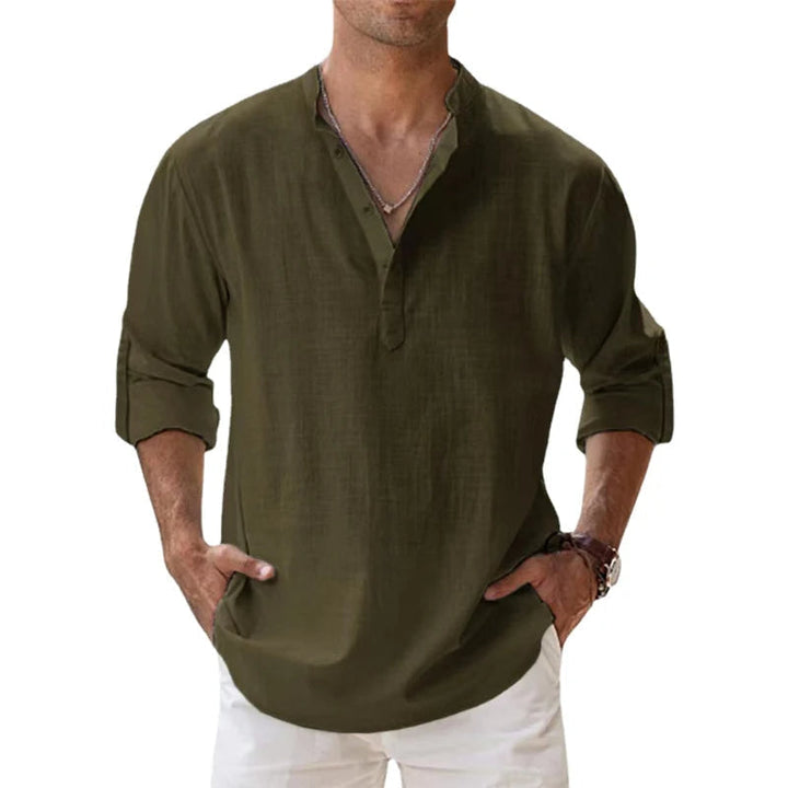 Casual Hoymans heren Henley overhemd, perfect voor een ontspannen zomerse dag. Comfortabel en luchtig voor herenmode.