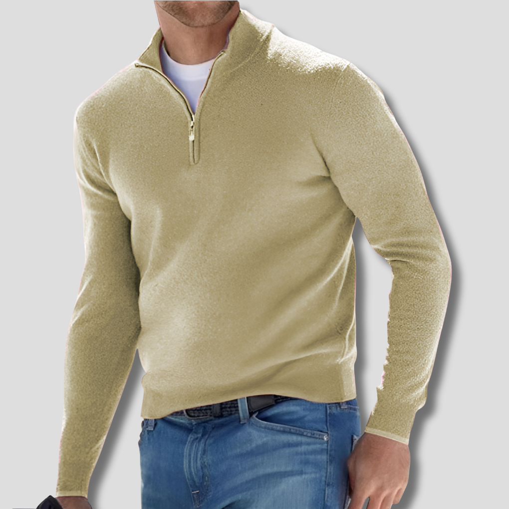 Veelzijdige heren gebreide trui met ritskraag. Katoenen pullover voor dagelijks comfort en stijlvolle mode.
