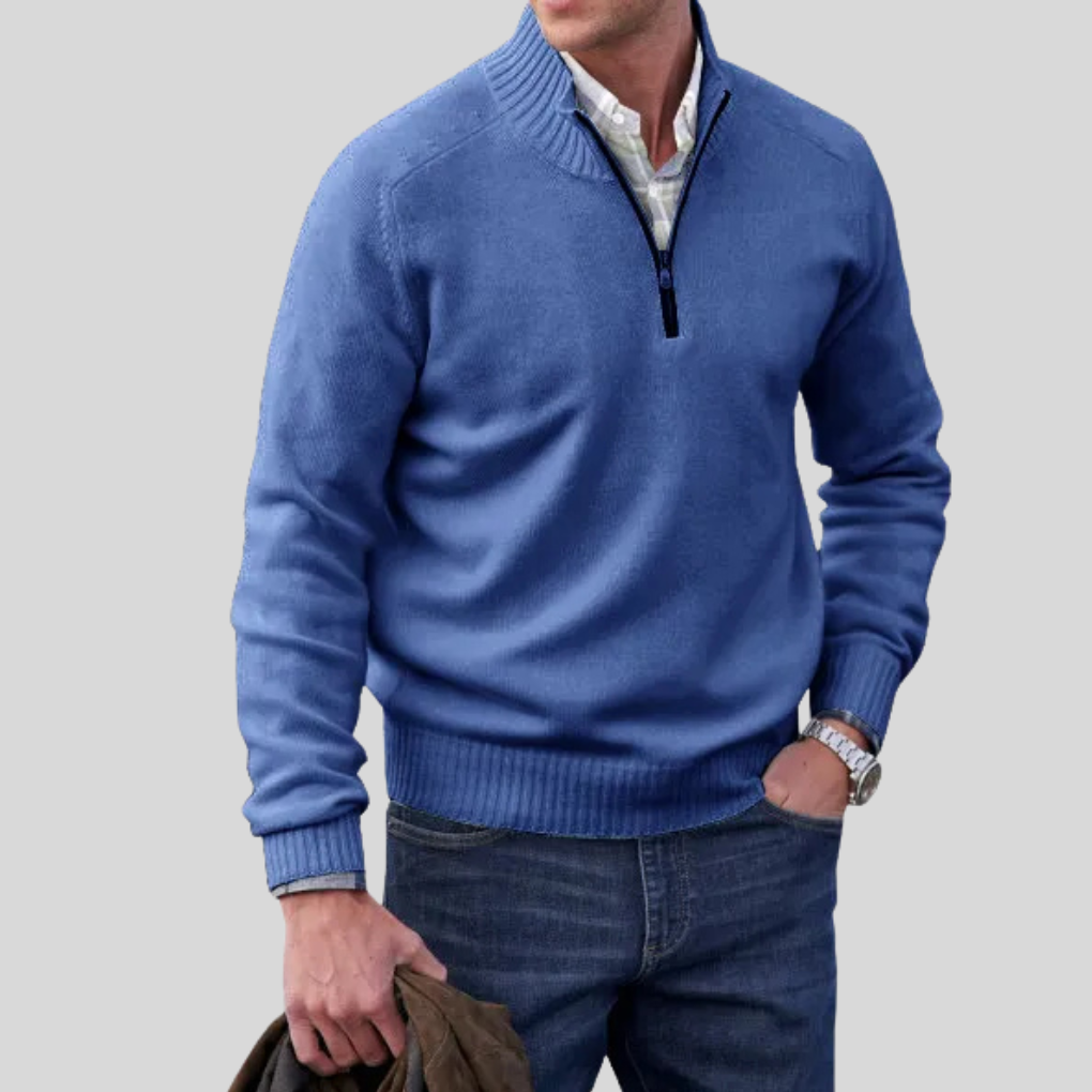 Stijlvolle herentrui met rits. Effen, gebreide trui voor een chique en veelzijdige casual look. Herenmode.