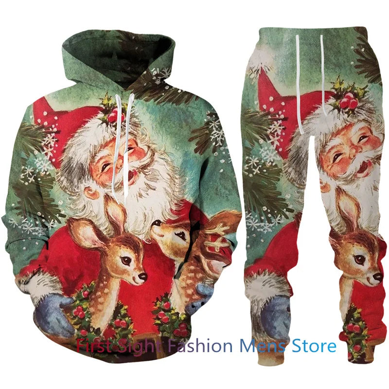 Feestelijke heren capuchontrui en bijpassende joggingbroek. Comfortabel joggingpak voor ontspannen feestdagen.