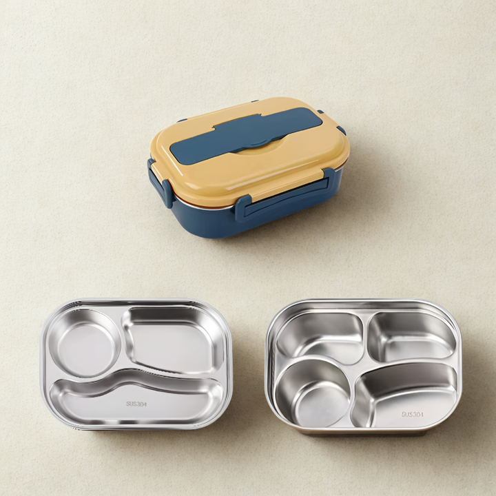 Roestvrijstalen bento box in pastel, lekvrij met thermische isolatie, voor gezonde lunches onderweg.