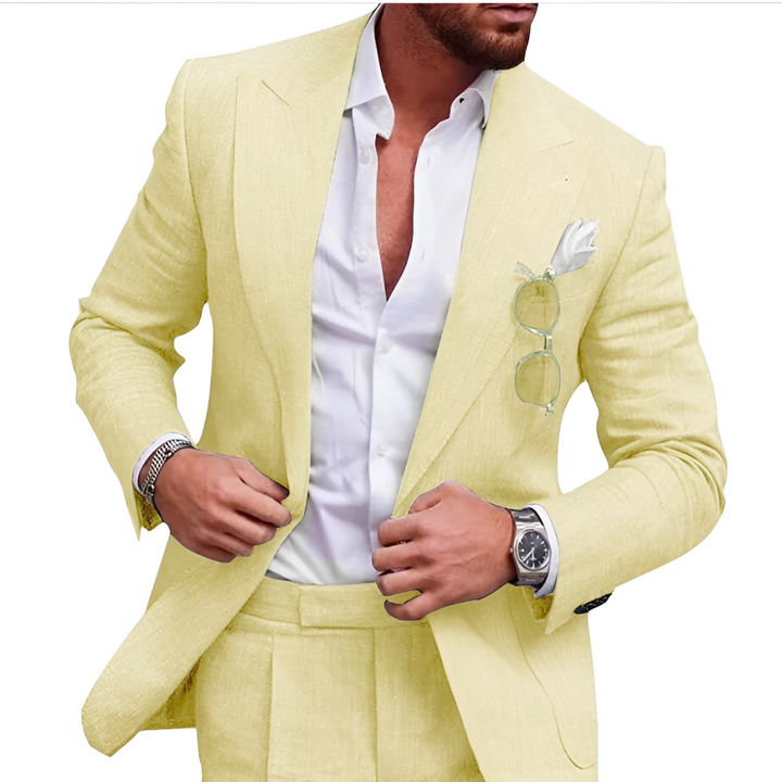 Casual-chic khaki linnen herenpak, een trendy keuze voor zomerse bruiloften en stijlvolle evenementen.