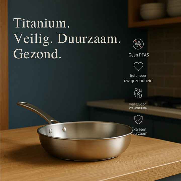 Veilige titanium braadpan voor gezond koken. Diepe pan, geschikt voor inductie en lange levensduur.