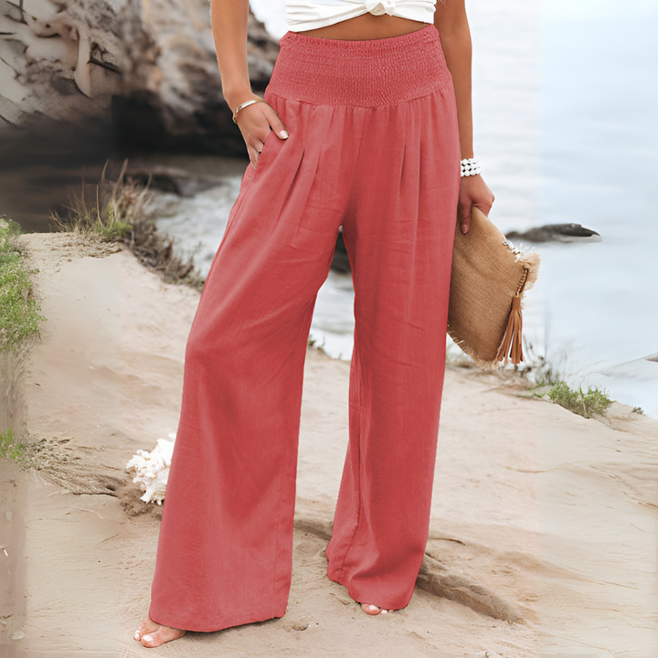 Moderne dames high-waist linnen broek, comfortabel en elegant, ideaal voor een trendy zomerse look.