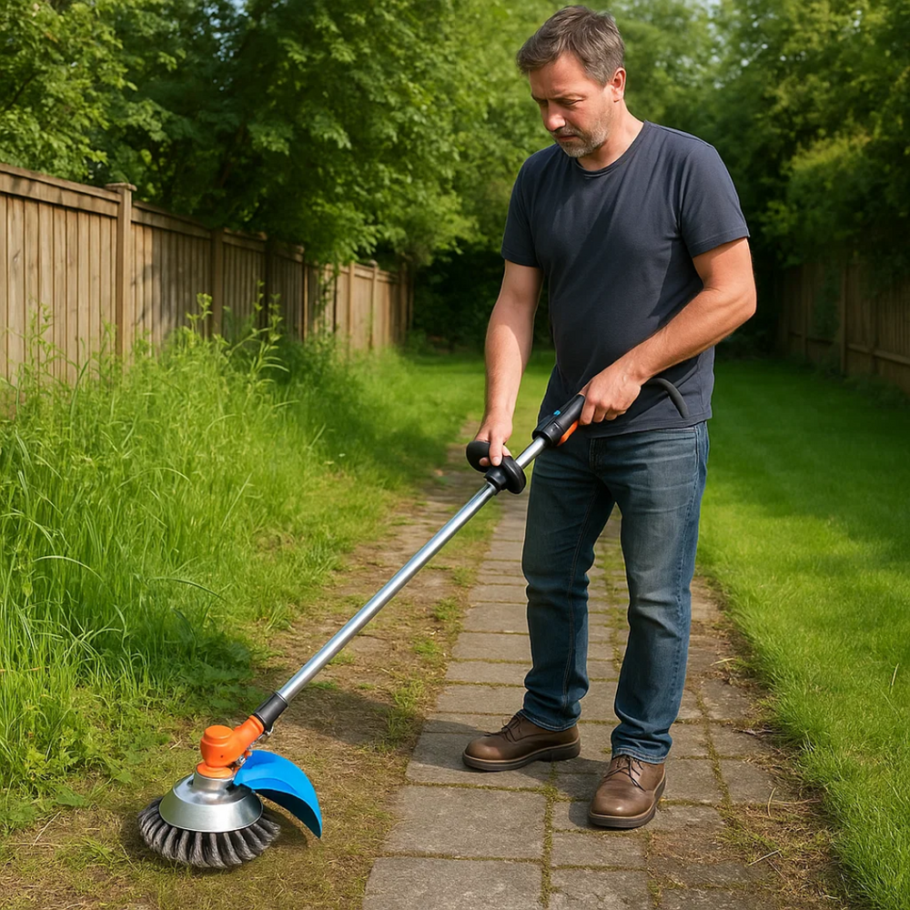 Veelzijdige grastrimmer met staalmes en verwisselbare trimmerkop voor precieze gazon- en tuinranden.