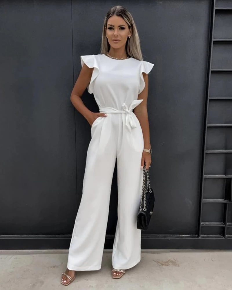Trendy dames eenstuk jumpsuit met vlindermouwen en wijde pijp, comfortabel en modieus voor elke vrouw.