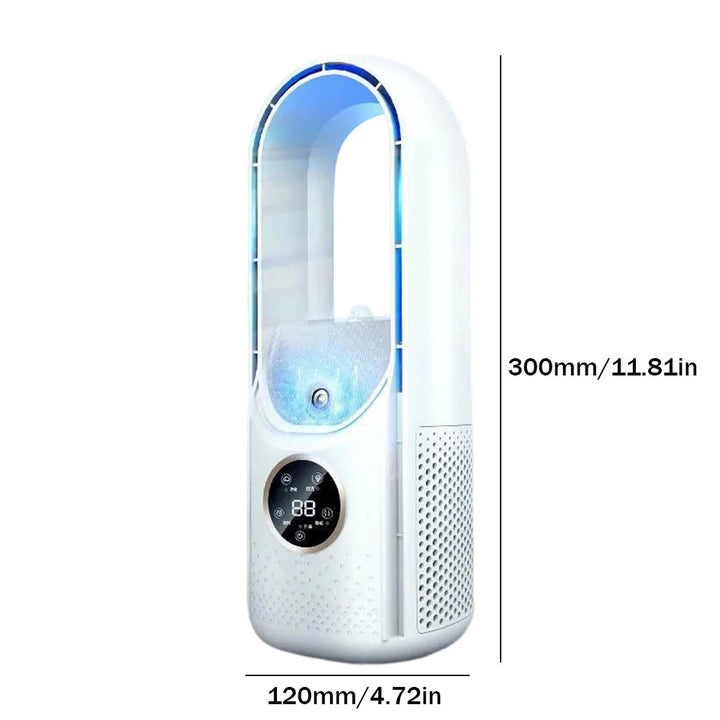 Stijlvolle bladloze mini-airco met compact design, zorgt voor veilige en stille verkoeling in elke ruimte.