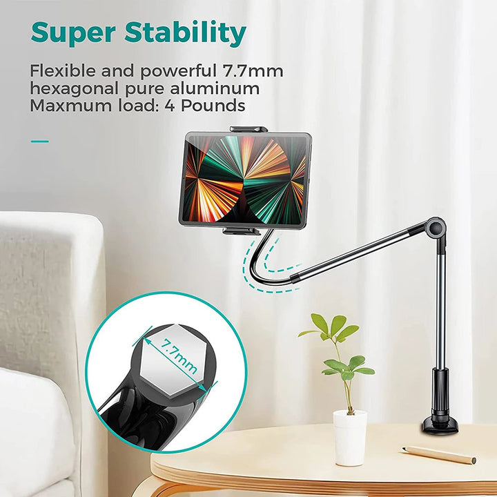 Productafbeelding van de universele telefoon- & tablethouder, klaar voor montage op bureau of bed.