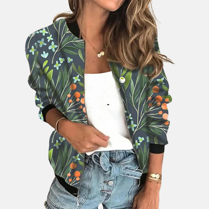 Uniek dames bomberjack met artistieke digitale print. Comfortabele retro jas van polyester voor de modebewuste vrouw.