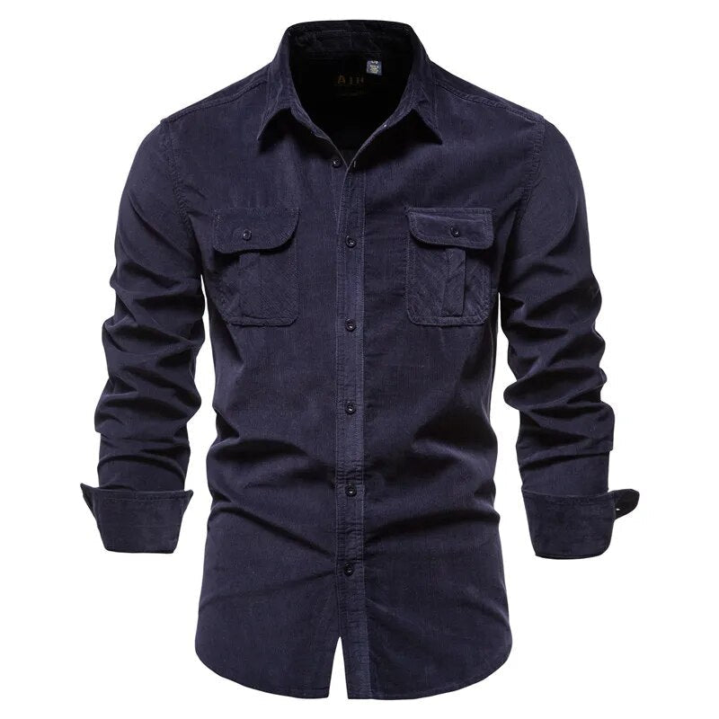 Donkerblauw casual corduroy heren overhemd, modieus en comfortabel voor mannen kleding.