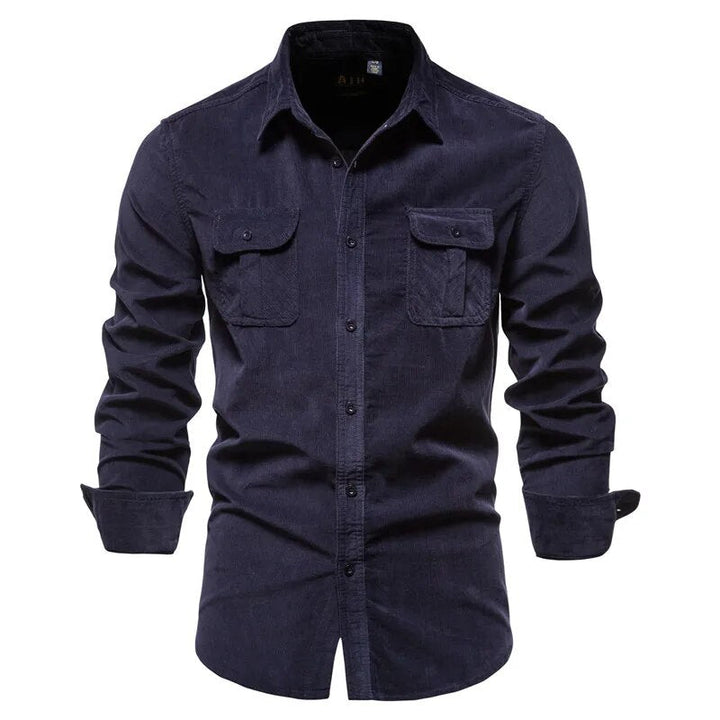 Donkerblauw casual corduroy heren overhemd, modieus en comfortabel voor mannen kleding.