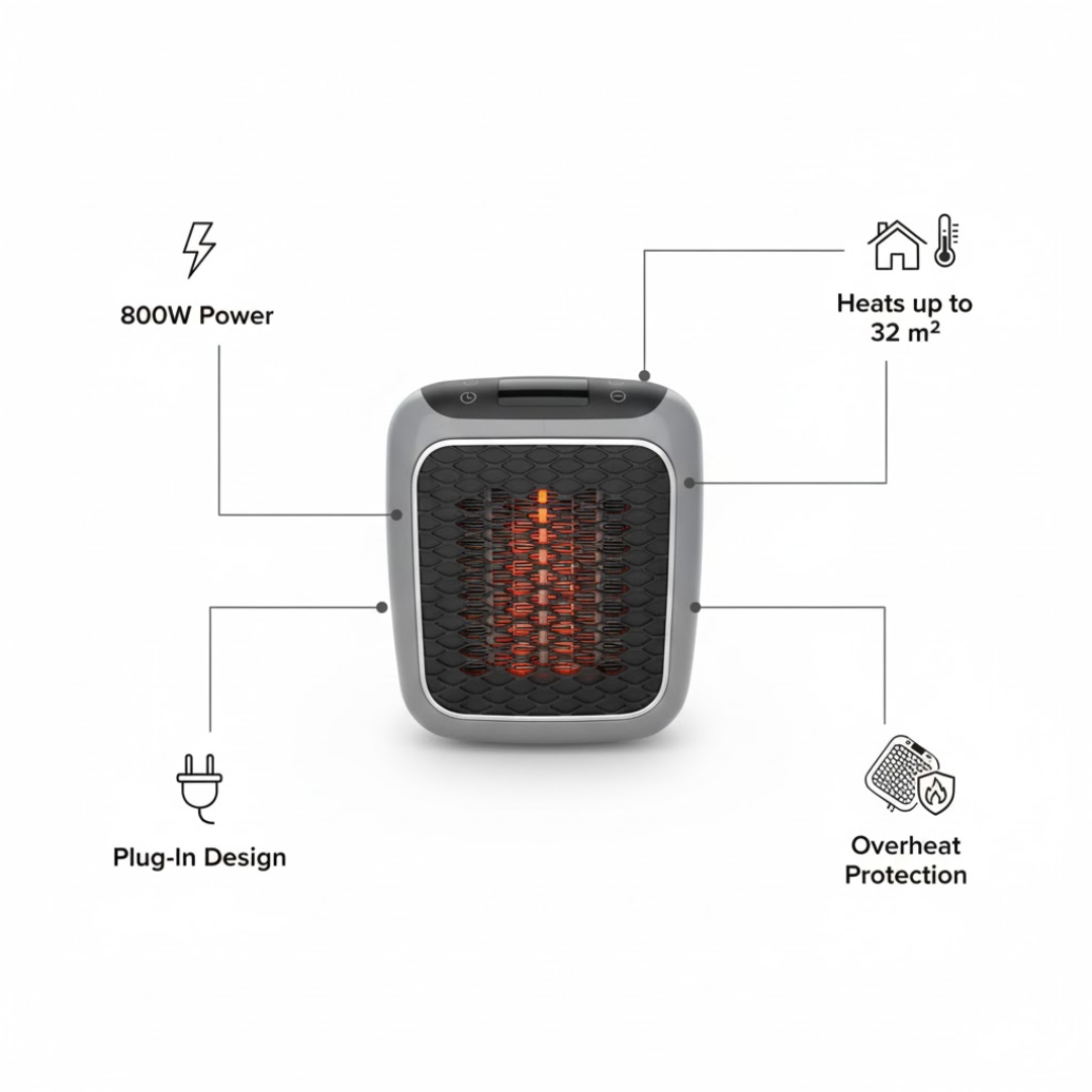 Moderne, compacte verwarming; snel warme lucht, energiebesparend, geschikt voor winter.