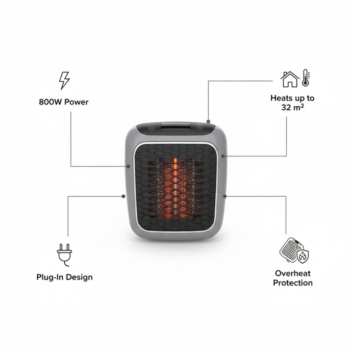 Moderne, compacte verwarming; snel warme lucht, energiebesparend, geschikt voor winter.