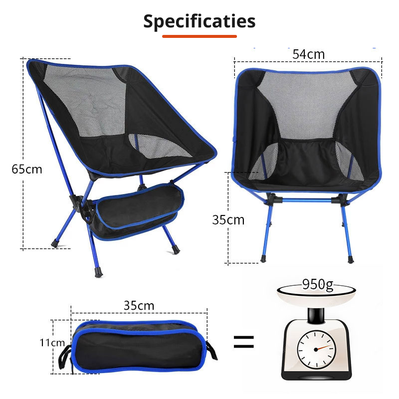 Compacte reisstoel van aluminium, perfect voor wandelen, tuin en buitenleven.