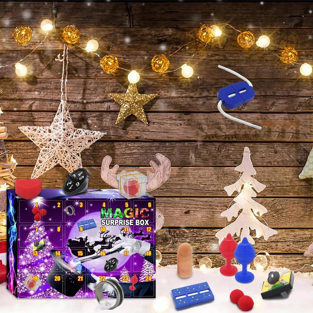 Open magische toverdoos aftelkalender, toont 24 speelgoed verrassingen voor kerst advent.