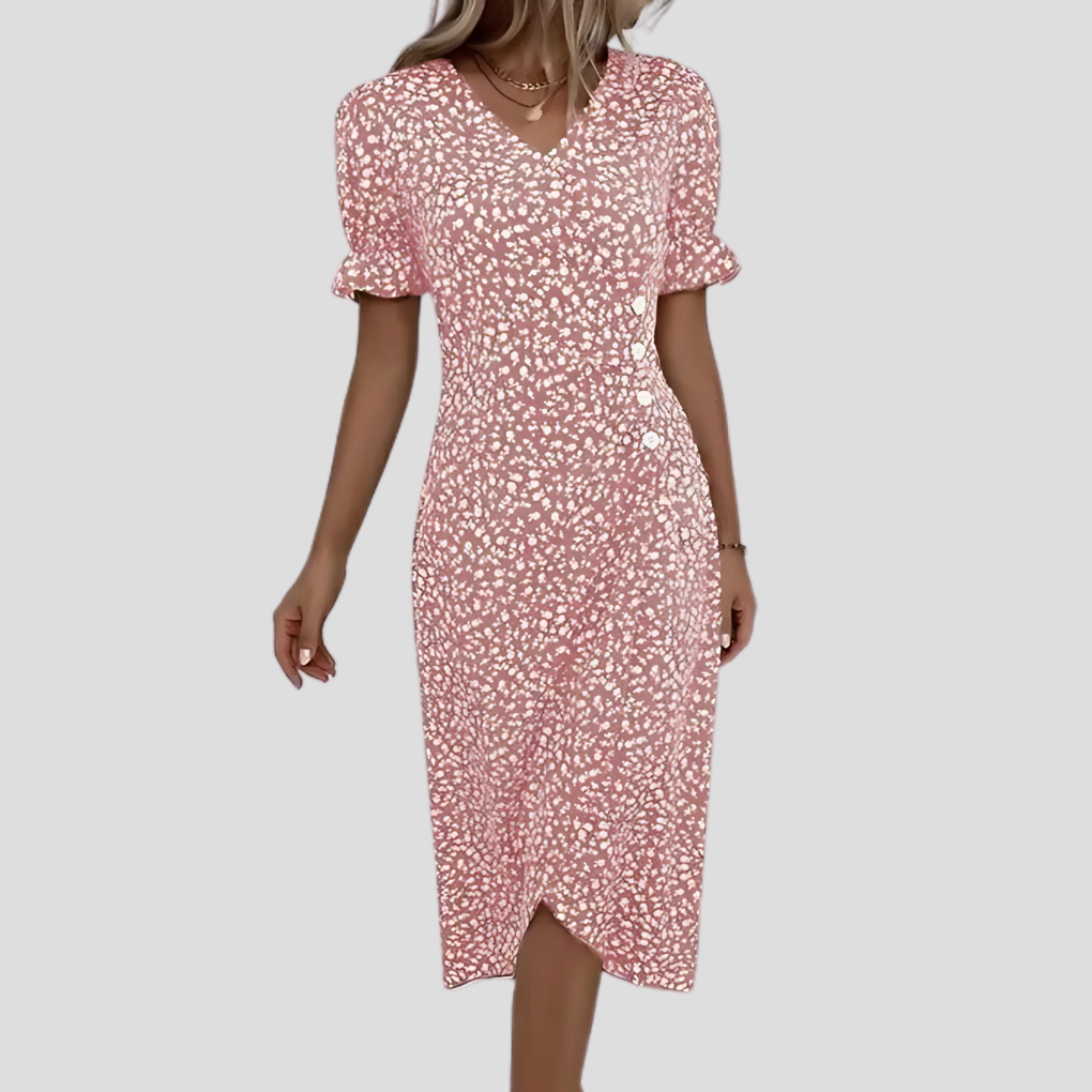 A-lijn midi jurk voor dames, met stijlvolle V-hals, pofmouwen en kleurrijke bloemenprint.