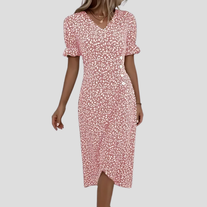 A-lijn midi jurk voor dames, met stijlvolle V-hals, pofmouwen en kleurrijke bloemenprint.
