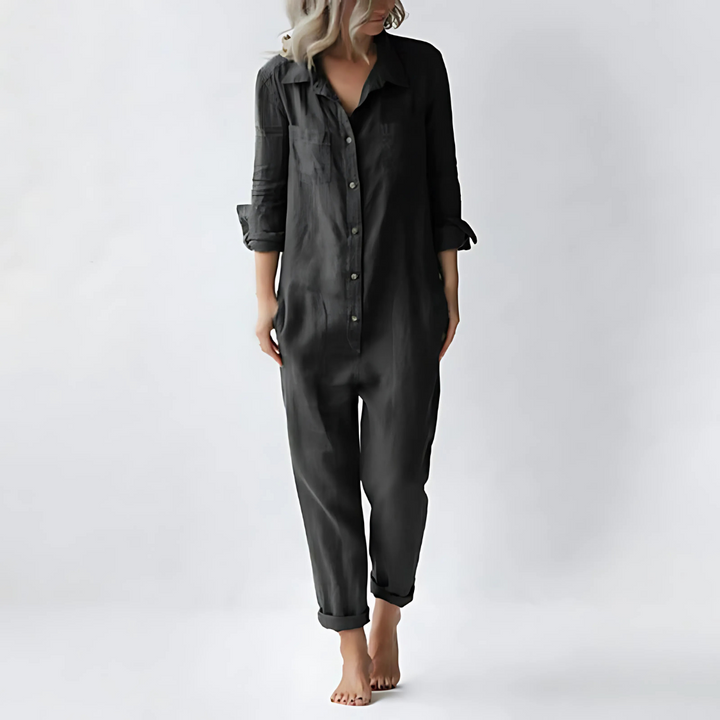 Stijlvolle groene Hoymans dames jumpsuit met knoopsluiting, enkellengte en comfortabele pasvorm, elegant en casual.
