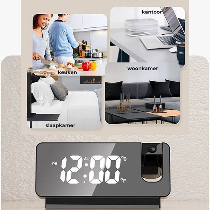 Zwarte digitale projectieklok projecteert de tijd helder op de muur; met snooze en dubbel alarm.