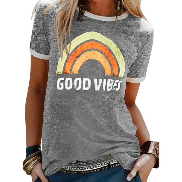 Dames 'Good Vibes' t-shirt, comfortabel en modieus. Essentiële zomerkleding met positieve uitstraling.