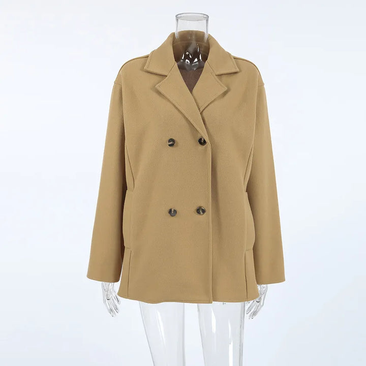 Bruine dames halflange jas, klassiek design met dubbelrij knopen, perfecte herfstjas.