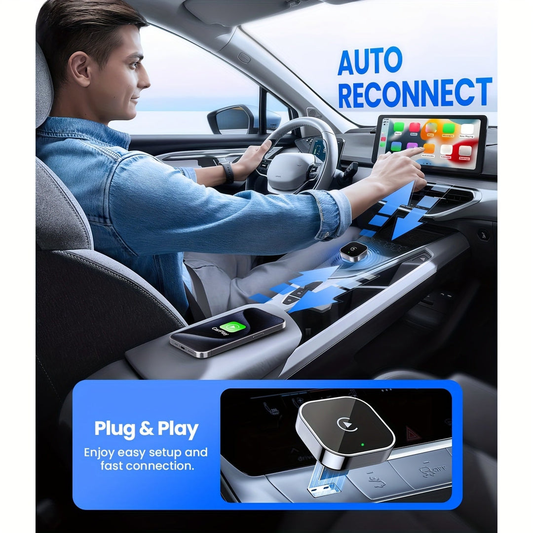 Veelzijdige 2-in-1 adapter voor zowel draadloze CarPlay als Android Auto connectiviteit.