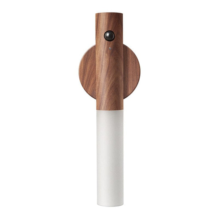 Compacte houten wandlamp met bewegingssensor, draadloze LED verlichting, USB oplaadbaar voor binnen en buiten.