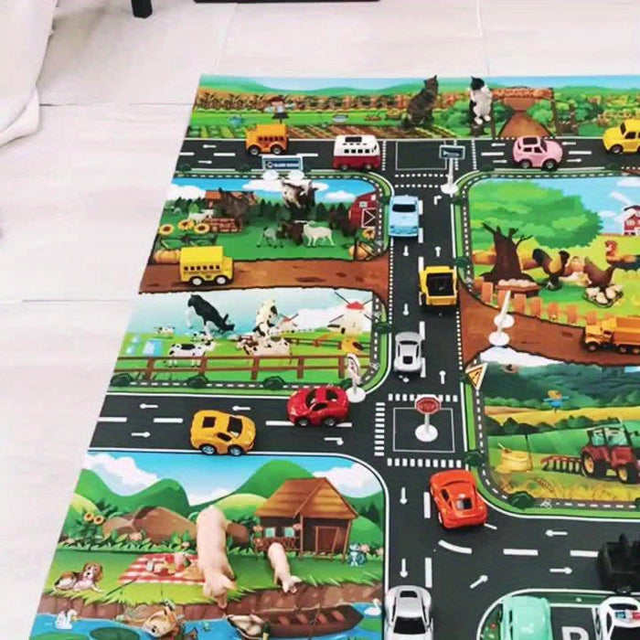 Educatief speelkleed met gedetailleerd verkeersthema; perfect voor kinderen die leren over wegen en voertuigen.