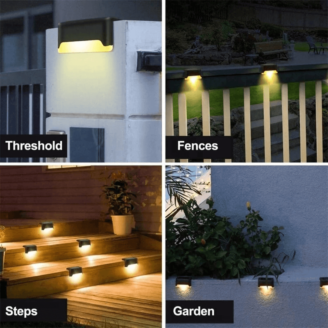 Warm wit LED licht van een solar wandlamp, creëert sfeervolle verlichting langs het tuinpad of terras.