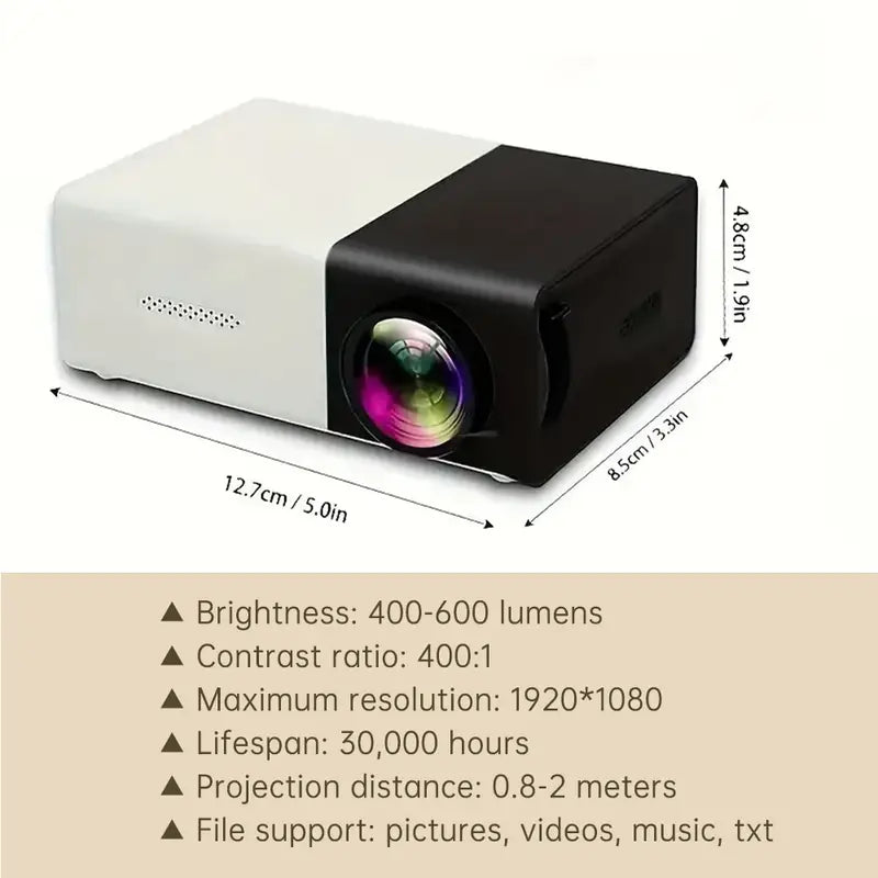 Veelzijdige LED mini projector, draagbaar voor camping, thuisbioscoop of zakelijke presentaties.