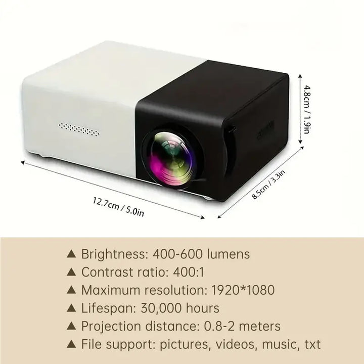 Veelzijdige LED mini projector, draagbaar voor camping, thuisbioscoop of zakelijke presentaties.