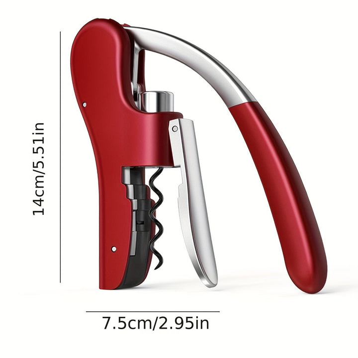 Rood-zwarte ergonomische wijnopener van metaal/kunststof; snel en veilig wijnflessen ontkurken.