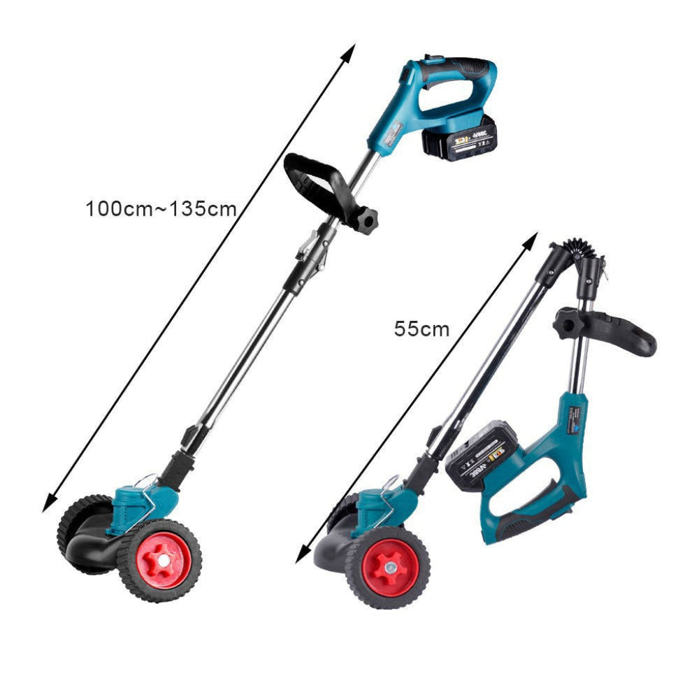 Man trimt gazon met de snoerloze elektrische grastrimmer; ideaal voor efficiënt tuinonderhoud.