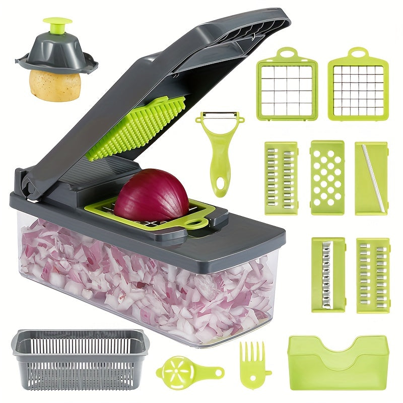 Multifunctionele groentesnijder set met diverse messen voor snel snijden en raspen van groenten.