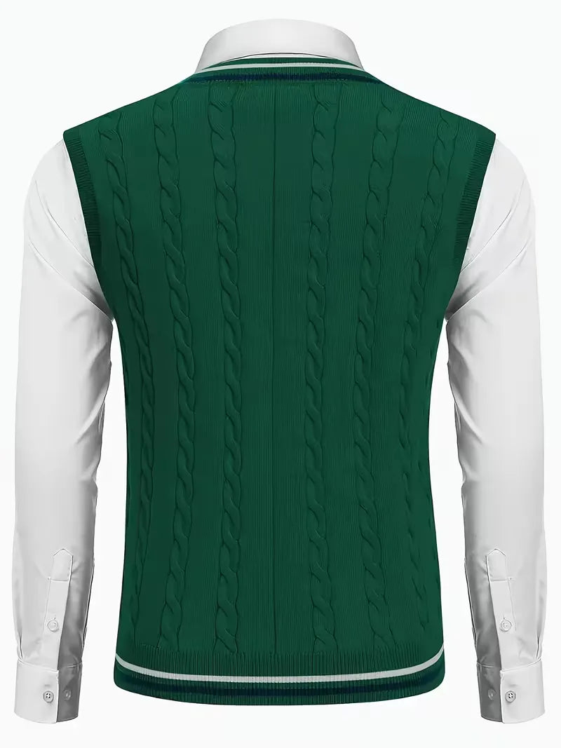 Herenkleding must-have: mouwloos vest, V-hals, ingenieus kabelpatroon, voor elke man.