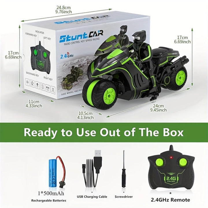 Kind bestuurt RC stuntmotor met afstandsbediening, ervaart spanning van stunts en hoge snelheid, oplaadbaar speelgoed.